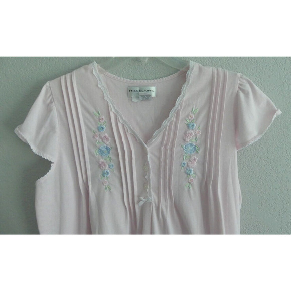 Miss Elaine Short Cotton Nightgown Pink Floral Embroidered Pleated Soft Size L - Picture 2 of 8